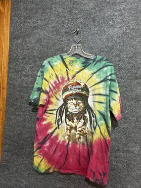 DOM Shirt Mens Large Multicolor Tie Dye Pawsitive Vibes Rasta Cat Tee Reggae